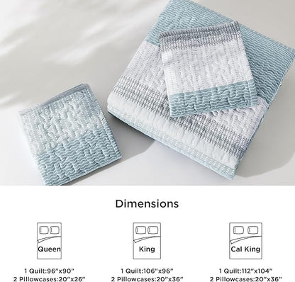 Litanika Quilt King Size Spa Blue, Stripe Patchwork Summer Bedspread Coverlet 3 Pieces, Soft Lightweight Microfiber Quilted Bedding Set for All Season(1 Quilt, 2 Pillowcases)