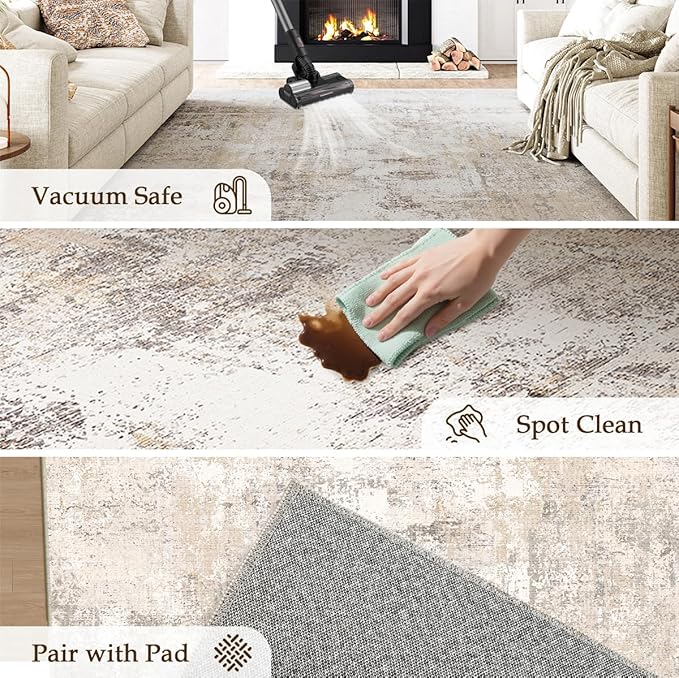 6x9 Washable Area Rug Beige Grey Abstract Living Room Bedroom Throw Rug Neutral Modern Non Slip Soft Medium Pile Indoor Carpet for Dining Room Office Entryway