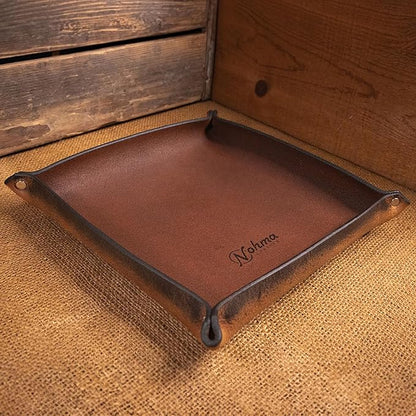 Valet Tray – Full-Grain Leather Catchall Organizer for Keys, Phone & Wallet – Rustic Nightstand & Desk Tray with Raised Sides – Handmade in USA (Vintage Brown, Medium Square)