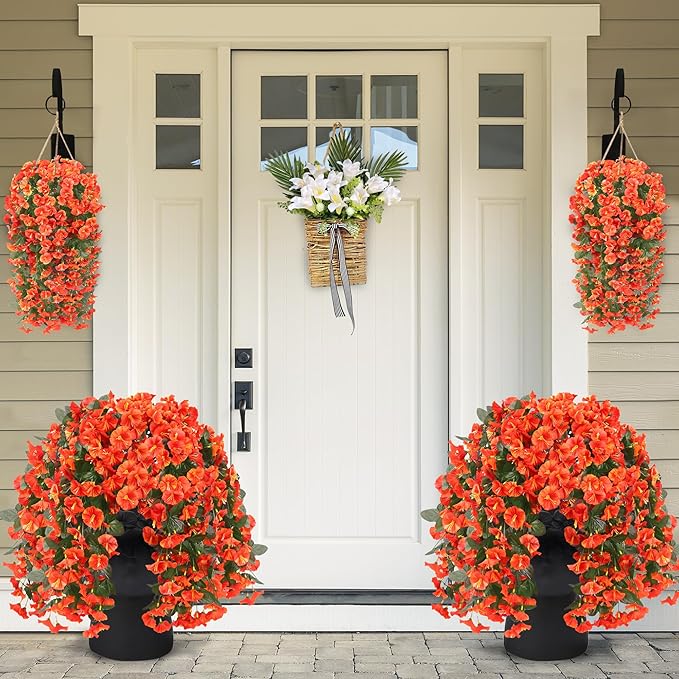 Sggvecsy Artificial Fake Hanging Flowers Plants for Outdoor Outside Spring Summer Decoration 4PCS Faux Silk UV Resistant Realistic Morning Glory Trailing Vines for Home Porch Patio Balcony(Orange)