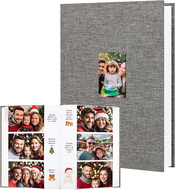 XFveiwoo Photo Album 4x6 450 Photos with Writing Space,4 x 6 Photo Book Linen Cover with Front Window, 4x6 Picture Album 450 Photos Photo Album Book for Wedding Kids Travel Family Baby Pictures, Grey