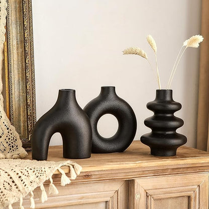 Black Ceramic Vase Set of 3, Small Flower Vases for Pampas Grass, Modern Boho Vase for Decor, Round Black Vases Centerpieces for Wedding Living Room Bedroom Coffee Table Entryway