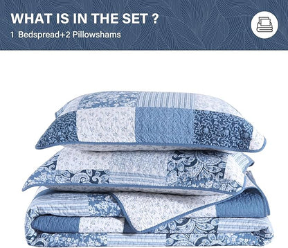 SahSahCasa 100% Cotton 120"x120" Oversized California King Bedspread Coverlet Quilt Set, Cal King Plaid Paisley Floral Extra Large Reversible XL Bed Spread Lightweight Comforter, Blue/White/Gray
