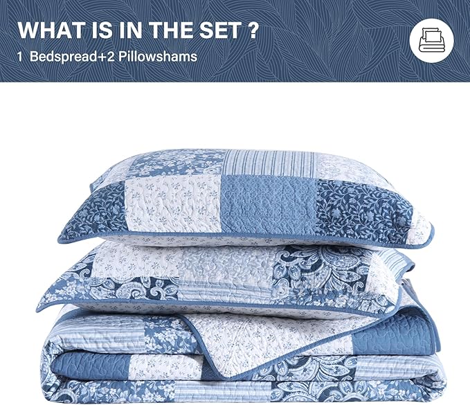 SahSahCasa 100% Cotton 120"x102" Oversized Queen Bedspread Coverlet Quilt Set, Plaid Paisley Floral Extra Large Reversible XL Bed Spread Lightweight Comforter, Blue/White/Gray