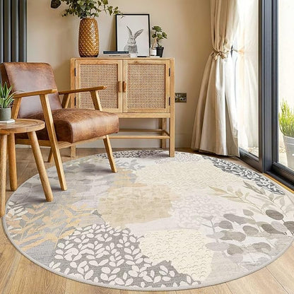 DEXDE Round Rug 5ft Washable Circle Area Rugs, Non Slip Low Pile Boho Floral Large Circular Carpet for Bedroom Bathroom Entryway Kids Room Office Dining Room, Gray