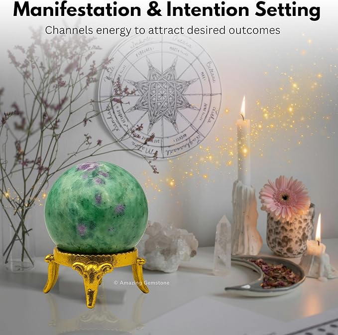 Amazing Gemstone Ruby Fuchsite Crystal Ball with Stand - 1.5 Inches Crystal Sphere Meditation Balls for Witchcraft and Decorative Balls