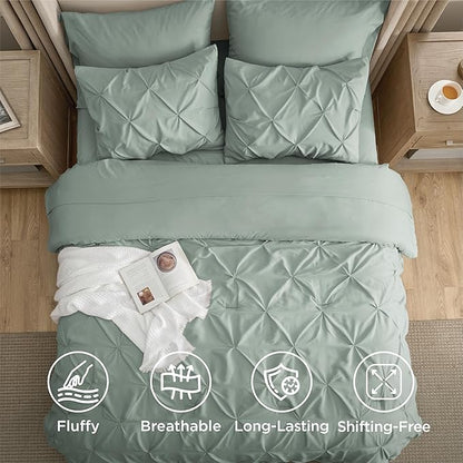 Bedsure Oversized Queen Comforter Set Sage Green - Bed in a Bag Bedding Set 7 Pieces, GentleSoft™ Pintuck Bed Set Gift for Family, Pinch Pleat All Season Comforter with Sheets, Pillowcases & Shams