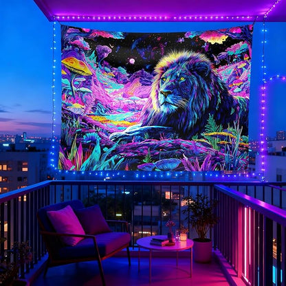 seewan Black Light Lion Tapestry, Colorful Abstract Beast Art Tapestry, Glow-in-the-Dark UV-Reactive Black Light Standing Tapestry, Starry Sky Wall Hanging, Bedroom Dorm Living Room Background Decor