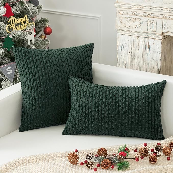 Kevin Textile Christmas Decorative Pillow Covers Set of 2 Striped Plush Corduroy Pillows Pillowcases Boho Home Decor Cushion Covers for Couch Sofa Bed Living Room 26x26 Inch, Army Green