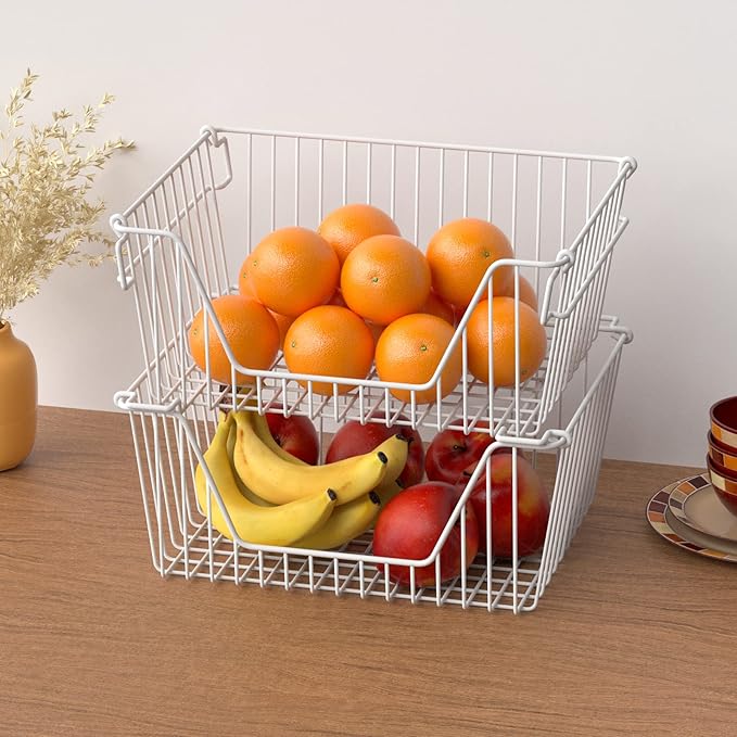 Slideep 14'' Large Stackable Storage Baskets Cabinet Organizer Sturdy Metal Wire Pantry Freezer Bin for Pantry Home Bathroom Kitchen Organization White - 2 Pack