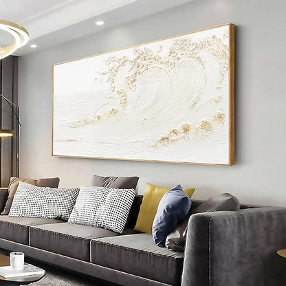 Framed Wall Art Wall Decor Nature Decor Canvas Hand Painted White Wave With Golden Embellishments Artwork Painting Picture For Living Room Bedroom Living Room And Office Wall Decor 24x48 Inch