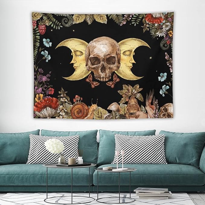 Boho Moon Skull Tapestry,Vintage Sun Moon Hippie Mushroom Floral Plant Tapestries Wall Hanging for Dorm Living Room Bedroom Decor(60"x80")