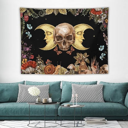 Boho Moon Skull Tapestry,Vintage Sun Moon Hippie Mushroom Floral Plant Tapestries Wall Hanging for Dorm Living Room Bedroom Decor(60"x80")