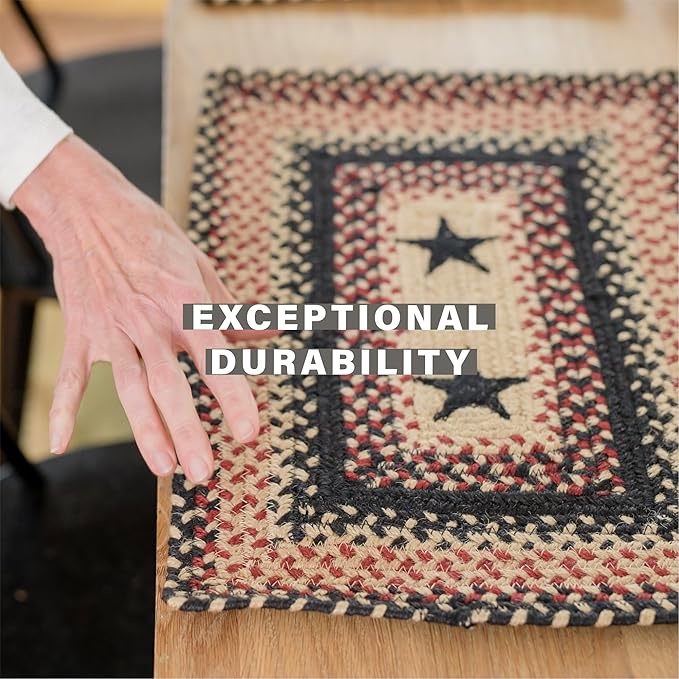 Homespice Primitive Star Gloucester Jute Braided Placemats, Warm Primitive Decor, Set of 4, Black and Red 13x19 Oval Table Mats - Vibrant Colors, Durable, Easy to Clean and Protects Furniture