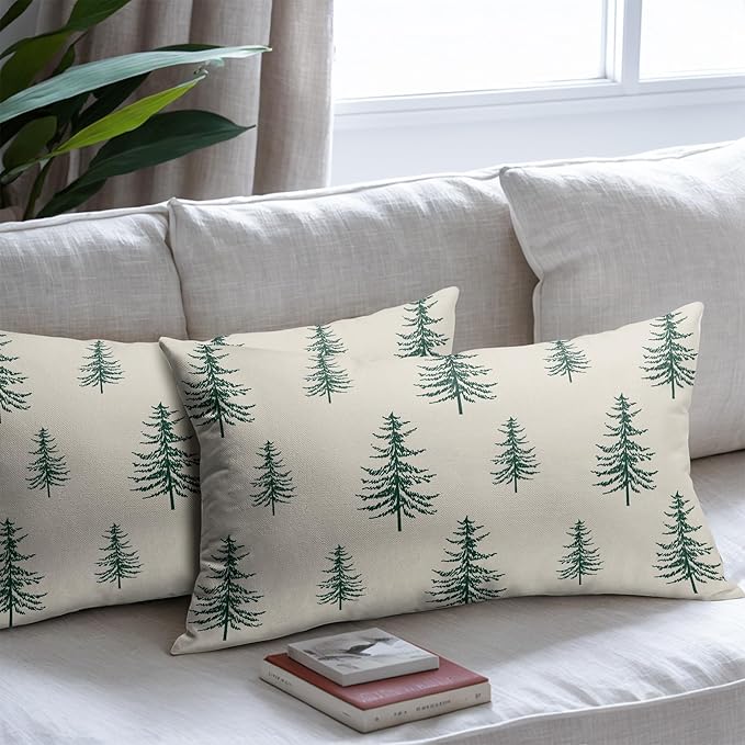 Christmas Tree Lumbar Pillow Covers 12x20 Set of 2 Green Xmas Vintage Winter Print Decorative Outdoor Linen Throw Pillows Cases Cushion Cover Rustic Holiday Decoration Farmhouse Sofa Couch Bed Decor