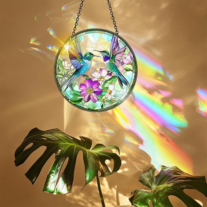 VAIIEYO Hummingbird Acrylic Sun Catcher Window Hanging Decoration, 7.8 Inch Double-Sided Light Reflecting Ornament for Window, Garden, Porch or Balcony Decor, Housewarming, Gift for Natural Lovers