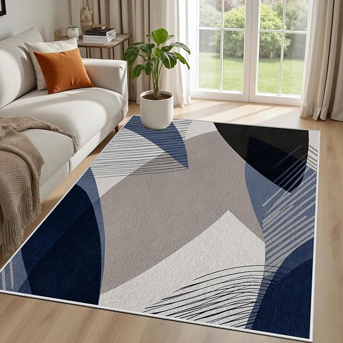 Abstract Art Line Living Room Area Rugs 6x8, Modern Boho Geometric Print Soft Rug, Minimalist Washable Non Slip Neutral Carpet for Bedroom, Dining Room Office Playroom, Navy Blue Gray