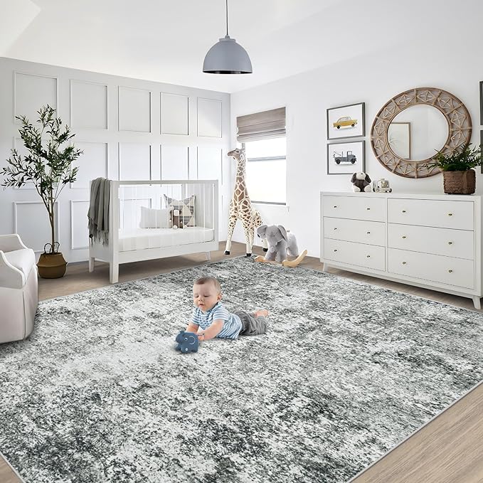 8x10 Area Rugs for Living Room, Washable Modern Abstract Large Area Rug Neutral Soft Non Slip Kids Rug Stain Resistant Indoor Carpet for Bedroom Nursery Dining Room Playroom Home Office(Grey, 8'x10')
