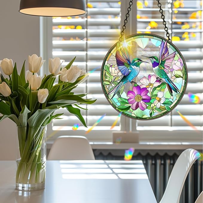 VAIIEYO Hummingbird Acrylic Sun Catcher Window Hanging Decoration, 7.8 Inch Double-Sided Light Reflecting Ornament for Window, Garden, Porch or Balcony Decor, Housewarming, Gift for Natural Lovers