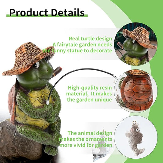 9.5" Turtle Fishing Sculptures & Statues, Whimsical Yard Art, Funny Pond Fisherman, Cute Outdoor Ornament, Unique Gift for Turtle Fishing Lovers