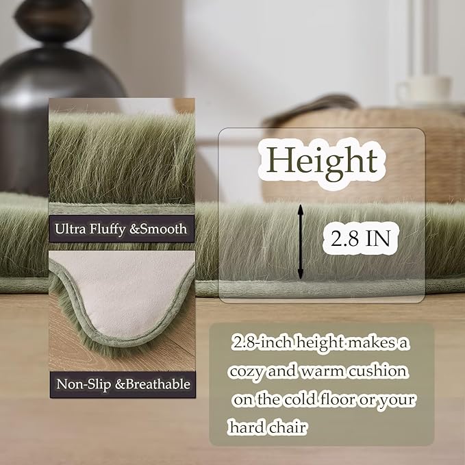 1700GSM Fuzzy Faux Sheepskin Fur Area Rug,Extra Soft Faux Fur Mat,Fluffy Shaggy Fur Rug for Bedroom Living Bedside Rug Room Decor-Sage Green, 2 x3 ft
