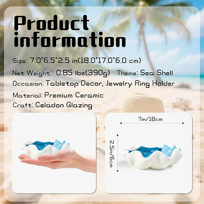 Seashell Ceramic Jewelry Trinket Tray, Blue White Decorative Ring Holder Dish for Rings Earrings Necklaces, Women’s Birthday Gift, Mother’s Day Present