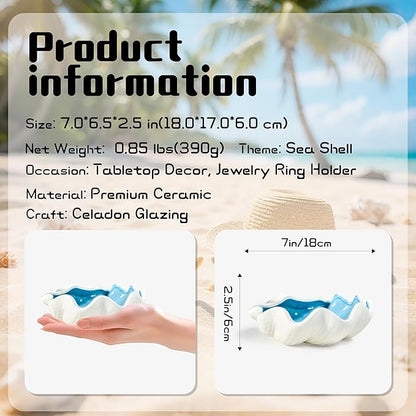 Seashell Ceramic Jewelry Trinket Tray, Blue White Decorative Ring Holder Dish for Rings Earrings Necklaces, Women’s Birthday Gift, Mother’s Day Present