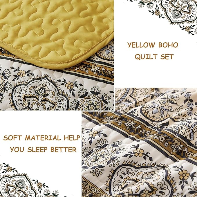 WONGS BEDDING Boho Quilt Set Full Size (90"x78"), Yellow Orange Bohemian Bedspread Lightweight Soft Microfiber Bed Cover for All Season (3 Pieces)