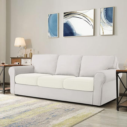 CHUN YI 3Piece Stretch Couch Cushion Covers, Sofa Seat Slipcovers for Pets, Suitable for Armchair Loveseat Sofa with Spandex Jacquard Washable Fabric(3Piece, Ivory White/Cream)