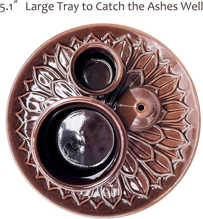 4 in 1 Multifunctional Ceramic Incense and Candle Holder with Ash Catcher Tray Suit for Burning White Sage, Palo Santo Sticks (Dark Brown)