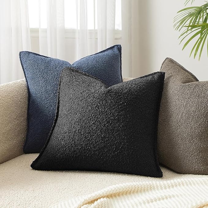 JUSPURBET Black Decorative Pillow Covers 22x22 Set of 2 Throw Pillow Covers for Couch Sofa Bed Cozy Boucle Textured Cushion Covers Cases with Hidden Zipper for Living Room Home Decor
