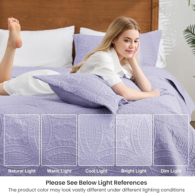 Love's cabin Quilts for Full Bed Lavender Bedspreads Bedding Set - Lightweight Bedspread Comforter - Coin Pattern Bedding Coverlet for All Season - 3 Pieces (1 Quilt, 2 Pillow Shams)