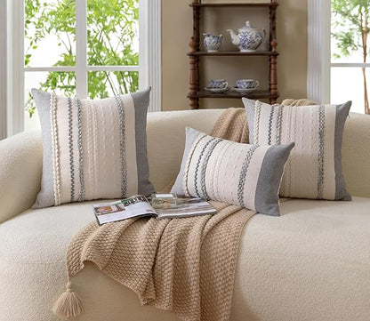Boho Throw Pillow Covers 18x18 Inch Set of 2, Grey Textured Decorative Couch Pillow Cases for Farmhouse Home Decor, Accent Cushion Cover for Sofa, Bed, Living Room, Bedroom