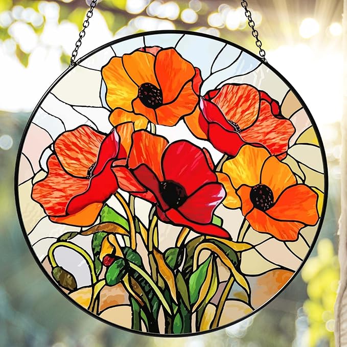 California Poppy Forest Sun Catcher 9.8'' Stained Glass Window Hanging Flower Lover Gifts for Women Red Poppy Kitchen Decor Suncatcher Decoration for Home Garden Housewarming Gifts