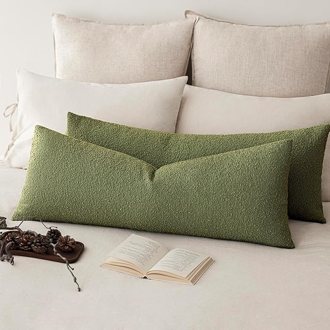Foindtower Decorative Textured Boucle Throw Pillow Covers Accent Solid Pillow Cases Neutral Long Body Lumbar Couch Cushion Case for Chair Sofa Bedroom Living Room Home Decor 14x36 Inch,1PC,Green