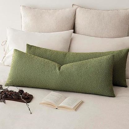Foindtower Decorative Textured Boucle Throw Pillow Covers Accent Solid Pillow Cases Neutral Long Body Lumbar Couch Cushion Case for Chair Sofa Bedroom Living Room Home Decor 14x36 Inch,1PC,Green