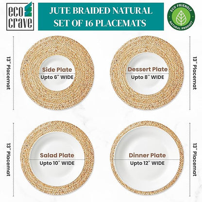 Eco Crave Jute Round Woven Placemats Set of 16, Natural 13 Inch Boho Farmhouse Rustic Hand Woven Place mat for Dining Table Decor, Wicker Chargers Heat Resistant Easy to Clean and Non-Slip Placemat