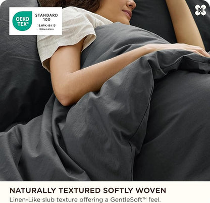 Bedsure Cotton Duvet Cover Queen - Luxury Slub Weave 100% Cotton Duvet Cover with a Linen Like Textured, Easy Change Durable Bedding, Charcoal, 90" x 90"