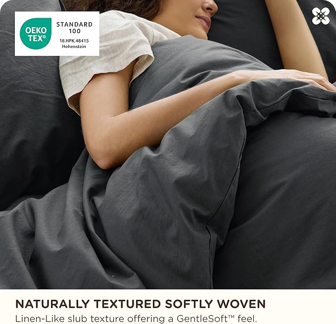 Bedsure Cotton Duvet Cover Full - Luxury Slub Weave 100% Cotton Duvet Cover with a Linen Like Textured, Easy Change Durable Bedding, Charcoal, 80" x 90"