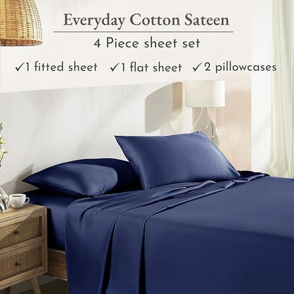 California Design Den Natural 100% Cotton Sheets Full Size Bed Set with Deep Pockets - Soft Sateen Weave, Durable Full Size Sheets (Navy Blue)