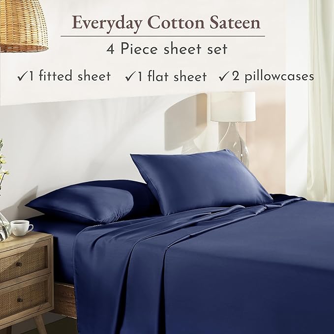 California Design Den King Sheet Set - Natural 100% Cotton Sheets King Size with Deep Pockets, Soft Sateen Weave, Breathable and Durable Bedding Set (Navy Blue)