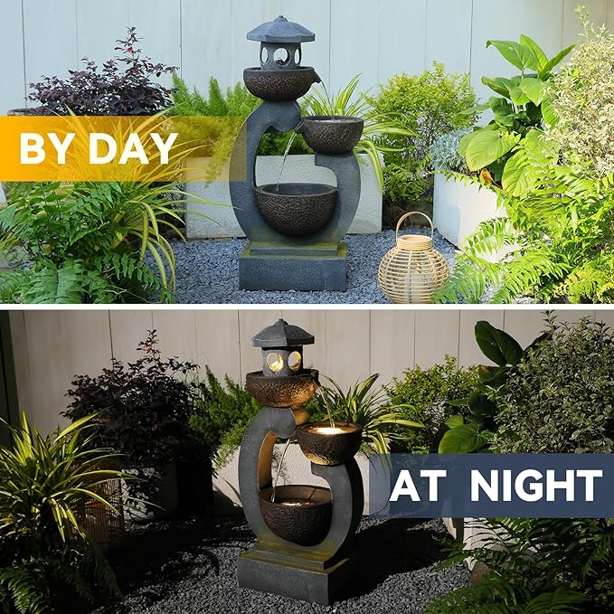 35.24”H Zen Outdoor Water Fountain Garden, Japanese Lantern Multi-Tier Waterfall Fountain Water Feature with Lights for Patio, Garden & Porch