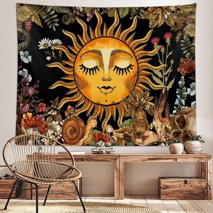 Boho Sun Tapestry for Bedroom Aesthetic, Vintage Plant Mushroom Botanical Sun and Moon Art Tapestries Wall Hanging for Dorm Living Room Decor 40X30, Fairy Poster Blanket