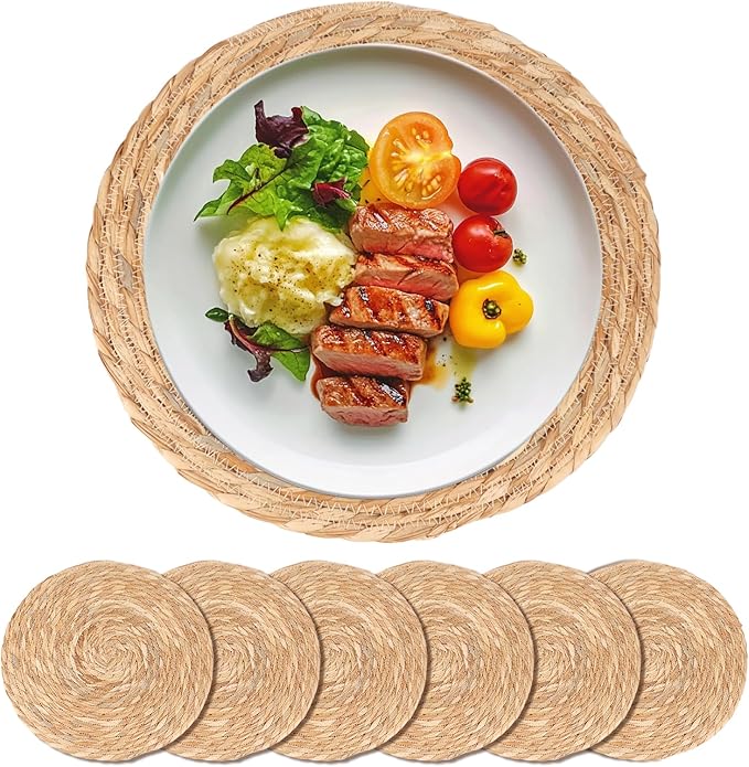 Round Woven Placemats Set of 6-13 Inch Natural Water Hyacinth Place Mats for Dining Table, Boho Farmhouse Kitchen Table Decor, Rustic Braided Table Mats for Daily Use & Holiday Table Setting