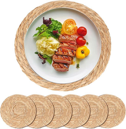 Round Woven Placemats Set of 6-13 Inch Natural Water Hyacinth Place Mats for Dining Table, Boho Farmhouse Kitchen Table Decor, Rustic Braided Table Mats for Daily Use & Holiday Table Setting