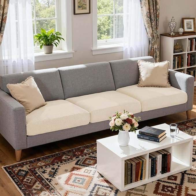 CHUN YI 3 Piece Couch Cushion Covers for XL-Sofa Seat Slipcovers Suitable with Spandex Jacquard Washable Fabric (3 Piece XL-Sofa Cushion Covers, Ivory)