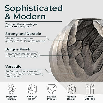 Flower Vase for Home Decor – Modern Hammered Metal Accent, Decorative Centerpiece for Floral Arrangements on Dining Table, Coffee Table, or Office, Stylish Home Accessories – 10", Silver