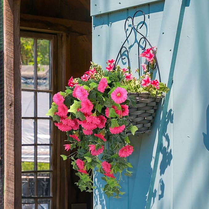 RECUTMS Artificial Fake Hanging Flowers Plants for Outdoor Spring Decor, 2 Pcs UV Resistant Faux Petunias Trailing Plants Realistic Flower Look Real for Door Wall Yard Porch Garden Planter (Rose Red)