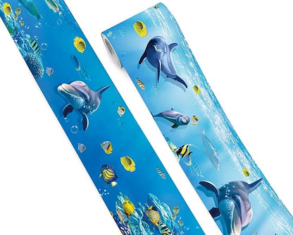FLFK Peel and Stick Wallpaper Border Wall Decals for Kids Room - Under The Sea Fish Stickers Murals, 5" x 240" (Blue)