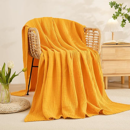 EMME Cotton Muslin Twin XL Blanket Breathable Gauze Blanket Soft Lightweight Blankets Adults Gifts for Women (Mustard Yellow, 66"x90")